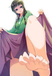 1girl barefoot bloom blue_eyes breasts chinese_clothes clothes_lift disgust eyebrows_hidden_by_hair feet foot_focus from_below green_hair green_hanfu hanfu kusuriya_no_hitorigoto lifting_own_clothes looking_at_viewer maomao_(kusuriya_no_hitorigoto) noumin panties panty_peek partially_shaded_face red_skirt scowl simple_background skirt skirt_lift small_breasts soles solo teeth toes underwear upper_teeth_only white_background