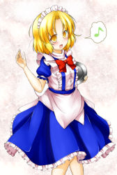 Rule 34 | 1girl, aka tawashi, apron, back bow, blonde hair, blue dress, blush, bow, breasts, center frills, commentary request, cowboy shot, dress, frilled dress, frills, highres, holding, holding tray, maid, maid headdress, mugetsu (touhou), musical note, open mouth, puffy short sleeves, puffy sleeves, short hair, short sleeves, small breasts, spoken musical note, touhou, touhou (pc-98), tray, white apron, white bow, yellow eyes