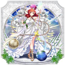 Rule 34 | 1girl, absurdres, alternate costume, bracelet, breasts, chain, choker, cleavage, copyright name, copyright notice, dress, earth (ornament), flower, full body, hecatia lapislazuli, hecatia lapislazuli (triple white goddess), highres, holding, holding flower, holding staff, jewelry, large breasts, long hair, moon (ornament), official art, red eyes, red hair, ribbon, rope, rotte (1109), shoes, smile, staff, statue, third-party source, toes, touhou, touhou lostword, white dress