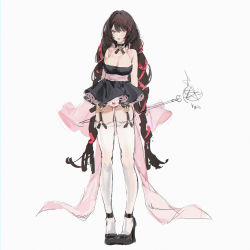 Rule 34 | 1girl, absurdres, black dress, black footwear, black ribbon, braid, breasts, brown hair, chinese commentary, cleavage, commentary request, dress, eruu (780599), full body, garter straps, hair ornament, hairclip, heart, heart panties, heart print, highres, holding, holding staff, large breasts, long hair, looking at viewer, neck ribbon, no bra, original, panties, parted lips, pink eyes, pink ribbon, print panties, ribbon, ribbon braid, short dress, simple background, sketch, sleeveless, sleeveless dress, solo, staff, thigh gap, thighhighs, twin braids, underwear, very long hair, white background, white panties, white thighhighs, x hair ornament