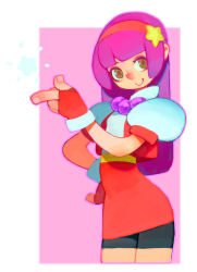 Rule 34 | 1girl, asamiya athena, brown eyes, fingerless gloves, fl (l-fl), gloves, hair ornament, hairband, jewelry, long hair, looking at viewer, purple hair, red hairband, skirt, smile, snapping fingers, solo, star (symbol), star hair ornament, the king of fighters
