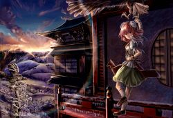 Rule 34 | 1girl, absurdres, architecture, bandaged arm, bandages, bird, blue sky, breasts, brown footwear, bun cover, commentary request, cuffs, double bun, eagle, east asian architecture, flying, full body, green skirt, hair between eyes, hair bun, highres, ibaraki kasen, icicle, lens flare, long bangs, looking at viewer, medium breasts, mountainous horizon, mukou (touhou), open mouth, outdoors, pink eyes, pink hair, ribbon-trimmed skirt, ribbon-trimmed socks, ribbon trim, round window, sensi tobikage, shackles, shirt, shoes, short hair, short sleeves, skirt, sky, snow, socks, sun, sunset, tabard, touhou, white shirt, white socks, window