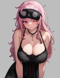 Rule 34 | 1girl, absurdres, armpit crease, bare shoulders, black choker, black mask, black nightgown, bluefield, breasts, choker, cleavage, closed mouth, collarbone, commentary, english commentary, eye mask, grey background, highres, hololive, hololive english, large breasts, light blush, looking at viewer, mask, mask on head, messy hair, mori calliope, mori calliope (sleepwear), nightgown, official alternate costume, one eye closed, pink eyes, pink hair, simple background, skull choker, skull collar, sleep mask, sleepwear, solo, virtual youtuber, wavy mouth