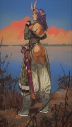 Rule 34 | 1girl, ass, back, boots, butt crack, full body, highres, horns, jewelry, lake, long sleeves, mossacannibalis, off shoulder, original, outdoors, pants, pointy ears, purple eyes, purple hair, ring, sheath, sheathed, solo, standing, sunrise, sword, weapon, white pants