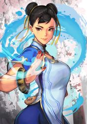Rule 34 | 1girl, arm behind back, black hair, blue pants, bracelet, breasts, brown eyes, capcom, china dress, chinese clothes, chun-li, clenched hand, closed mouth, commentary request, double bun, dress, earrings, fighting stance, fingernails, gold trim, hair bun, hand up, hinoru saikusa, jewelry, light smile, lips, looking at viewer, medium breasts, nail polish, pants, short sleeves, simple background, smile, solo, street fighter, street fighter 6, upper body