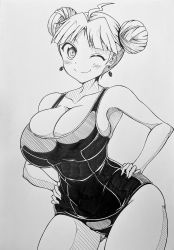Rule 34 | ;), ahoge, blush, breasts, cleavage, double bun, earrings, female focus, greyscale, hair bun, hands on own hips, highres, jewelry, jin homuhomu, large breasts, monochrome, one-piece swimsuit, one eye closed, renka (senran kagura), senran kagura, senran kagura (series), sideboob, smile, solo, swimsuit, traditional media, wink