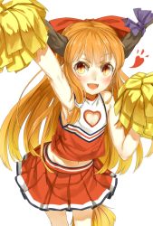 Rule 34 | 1girl, alternate costume, armpits, blush, bow, cheerleader, cleavage cutout, clothing cutout, flat chest, hair bow, heart, heart cutout, highres, horns, ibuki suika, long hair, looking at viewer, matching hair/eyes, midriff, navel, nishiuri, open mouth, orange eyes, orange hair, outfit heart cutout, pointy ears, pom pom (cheerleading), simple background, skirt, slit pupils, smile, solo, touhou, white background