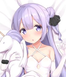 Rule 34 | 1girl, :o, absurdres, ahoge, azur lane, bare shoulders, bed sheet, black ribbon, blush, breasts, collarbone, criss-cross halter, dress, elbow gloves, gloves, hair between eyes, hair bun, hair ribbon, halterneck, hands up, head tilt, highres, karutamo, long hair, looking at viewer, lying, hugging object, on back, one side up, parted lips, purple eyes, purple hair, ribbon, side bun, single hair bun, single side bun, small breasts, solo, stuffed animal, stuffed pegasus, stuffed toy, stuffed unicorn, stuffed winged unicorn, unicorn (azur lane), very long hair, white dress, white gloves