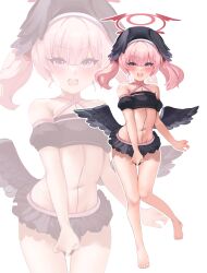 Rule 34 | 1girl, absurdres, bare arms, bare legs, bare shoulders, barefoot, beret, bikini, black bikini, black hat, black wings, blue archive, blush, halo, hat, head wings, highres, hinaumma, koharu (blue archive), long hair, navel, open mouth, pink eyes, pink hair, red halo, simple background, solo, swimsuit, twintails, white background, wings