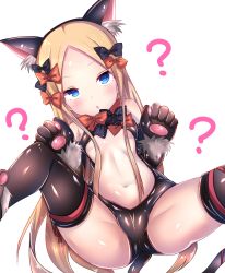Rule 34 | 1girl, ?, abigail williams (fate), animal ears, animal hands, arms up, ass, black gloves, black leotard, black thighhighs, blonde hair, blue eyes, bow, breasts, cameltoe, cat ears, cat tail, center opening, chestnut mouth, cleft of venus, elbow gloves, fake animal ears, fate/grand order, fate (series), forehead, gloves, hair bow, hairband, highres, leotard, long hair, navel, official alternate costume, paw gloves, paw pose, ribbon, shiki (catbox230123), shiny skin, simple background, sitting, small breasts, solo, spread legs, tail, thighhighs, thighs, very long hair, white background