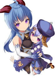 Rule 34 | 2girls, bare shoulders, bead necklace, beads, bell, blue hair, colored eyelashes, cowbell, cropped legs, detached sleeves, ganyu (genshin impact), genshin impact, goat horns, half-closed eyes, hat, highres, horns, hug, jewelry, jiangshi, long sleeves, looking at viewer, multiple girls, necklace, purple eyes, qiqi (genshin impact), sakutaishi, simple background, white background