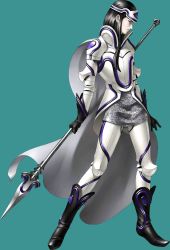 Rule 34 | 1boy, armor, black footwear, black gloves, black hair, breastplate, cape, cu chulainn (megami tensei), earrings, faulds, full body, gloves, hair pulled back, headgear, highres, jewelry, kazuma kaneko, long hair, looking at viewer, official art, plate armor, pointy footwear, polearm, shin megami tensei, shoulder armor, solo, spear, standing, third-party source, transparent background, weapon