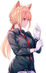 Rule 34 | 1girl, absurdres, adjusting clothes, adjusting gloves, animal ears, belt, belt buckle, black shirt, blonde hair, buckle, cat ears, closed mouth, collared shirt, expressionless, gloves, gu luco, hair ribbon, highres, long hair, long sleeves, low ponytail, necktie, original, red eyes, red necktie, red ribbon, ribbon, shirt, shirt tucked in, sidelocks, simple background, solo, upper body, white background, white gloves