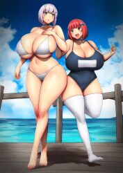 2girls barefoot blue_eyes blue_sky blush borrowed_character breasts choker cleavage cloud cloudy_sky erkaz fence full_body grey_choker grey_eyes grey_hair hair_ornament hairclip hand_up highres horizon huge_breasts leg_up multiple_girls navel open_mouth original outdoors red_hair school_swimsuit shadow sky standing swimsuit thighhighs water white_thighhighs