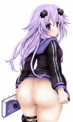 Rule 34 | 10s, 1girl, adult neptune, ass, blush, book, bottomless, cowboy shot, d-pad, female focus, hair ornament, highres, holding, hood, hooded track jacket, hoodie, jacket, long hair, long sleeves, looking at viewer, looking back, naked hoodie, naked jacket, neptune (neptunia), neptune (series), no panties, no pants, non-web source, purple eyes, purple hair, shin jigen game neptune vii, simple background, smile, solo, thigh strap, tilapiacanth, track jacket, white background