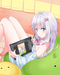 Rule 34 | 1girl, absurdres, bed sheet, blue eyes, blue shirt, blush, bow, breasts, eromanga sensei, from side, hair bow, highres, holding, holding pen, izumi sagiri, long hair, looking at viewer, naked shirt, off shoulder, pen, pillow, pink bow, recursion, shirt, silver hair, sitting, small breasts, solo, sunhyun