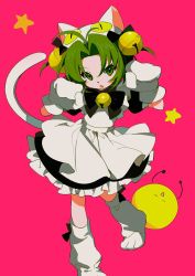 Rule 34 | 1girl, animal ears, animal hands, animal hat, apron, bell, bow, cat ears, cat hat, cat tail, dejiko, di gi charat, dress, full body, gema, gloves, green eyes, green hair, hair bell, hair ornament, hat, highres, jingle bell, maid apron, open mouth, paw gloves, paw pose, paw shoes, short hair, solo, tail, ttk211