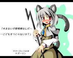 Rule 34 | 1girl, akatsubon, animal ears, blush, female focus, grey hair, letterboxed, mouse ears, mouse tail, nazrin, red eyes, simple background, solo, standing, tail, touhou, translated, wallpaper, white background