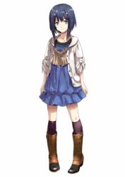 Rule 34 | 1girl, 5pb., aqua eyes, ayumi (disorder 6), black hair, blue dress, boots, cardigan, casual, collarbone, disorder 6, dress, female focus, full body, hair ornament, hairclip, knee boots, kneehighs, legs, looking at viewer, nagahama megumi, official art, open clothes, open shirt, shirt, simple background, socks, solo, standing, unbuttoned, white background