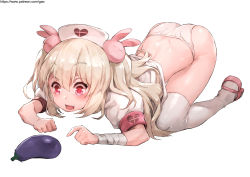 Rule 34 | &gt; &lt;, 1girl, :d, armband, ass, bad id, bad pixiv id, bandaged arm, bandages, blush, eggplant, fang, gao (gaolukchup), hair between eyes, hair ornament, hat, heart, highres, light brown hair, long hair, natori sana, no pants, nurse cap, open mouth, panties, pink footwear, pink hat, puffy short sleeves, puffy sleeves, rabbit hair ornament, red eyes, sana channel, shirt, shoes, short sleeves, simple background, smile, solo, thighhighs, two side up, underwear, very long hair, virtual youtuber, watermark, web address, white background, white panties, white shirt, white thighhighs