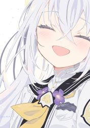 Rule 34 | 1girl, ^ ^, azusa (blue archive), blue archive, blush, closed eyes, collar, facing viewer, flower, frilled collar, frills, ica, long hair, open mouth, simple background, smile, solo, upper body, white background, white hair