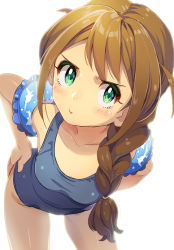 Rule 34 | 10s, 1girl, aqua eyes, baba konomi, blush, braid, breasts, brown hair, commentary request, hair over shoulder, highres, idolmaster, idolmaster million live!, inflatable armbands, joey koguma, leaning forward, long hair, looking at viewer, one-piece swimsuit, simple background, single braid, small breasts, solo, swimsuit, white background