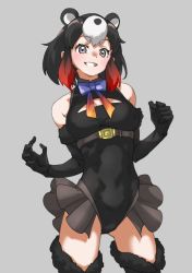 Rule 34 | 1girl, absurdres, animal ears, bare shoulders, bear ears, bear girl, belt, black gloves, black hair, black leotard, bow, bowtie, breasts, cleavage cutout, clothing cutout, commentary, cowboy shot, elbow gloves, extra ears, frilled leotard, frills, fur-trimmed gloves, fur trim, gloves, gradient hair, grey background, grey eyes, grin, highres, higumamon (kemono friends), japari symbol, kemono friends, leotard, looking at viewer, medium breasts, multicolored hair, red hair, simple background, smile, solo, tanabe (fueisei), white hair