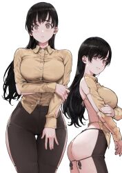 Rule 34 | 1girl, arm support, ass, backless outfit, bare back, black hair, breasts, collared shirt, highres, jun (navigavi), large breasts, long hair, long sleeves, looking at viewer, meme attire, original, pants, shirt, solo, standing, thigh gap, white background