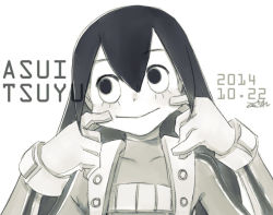 Rule 34 | 1girl, :&gt;, asui tsuyu, bad id, bad pixiv id, blush, bodysuit, boku no hero academia, character name, cheek pinching, cheek pull, closed mouth, covered collarbone, dated, eyelashes, facing viewer, gloves, greyscale, hair between eyes, hands on own cheeks, hands on own face, hands up, high collar, long hair, looking away, looking to the side, looking up, monochrome, pinching, sanpaku, signature, simple background, smile, solo, straight-on, straight hair, teyuruun, upper body, white background