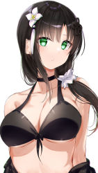 Rule 34 | 1girl, assault lily, bare shoulders, bikini, black bikini, black choker, black hair, black shirt, breasts, choker, cleavage, clothes down, collarbone, commentary request, flower, front-tie bikini top, front-tie top, green eyes, hair flower, hair ornament, hair over shoulder, hair scrunchie, halterneck, highres, large breasts, light blush, light particles, long hair, looking at viewer, low ponytail, meen (ouaughikepdvrsf), open clothes, open shirt, parted lips, scrunchie, shirt, side ponytail, simple background, solo, swimsuit, tassel, underboob, upper body, wang yujia, white background, white flower, white scrunchie