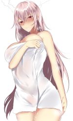 Rule 34 | 1girl, alternate hairstyle, arm at side, bare shoulders, blush, breast hold, breasts, closed mouth, covered navel, cowboy shot, embarrassed, fate/grand order, fate (series), florence nightingale (fate), from below, fume, hair down, highres, large breasts, long hair, looking at viewer, looking down, naked towel, nose blush, onineko-chan, shiny skin, simple background, solo, standing, straight hair, thighs, towel, very long hair, water drop, wet, wet hair, white background