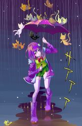 Rule 34 | 1girl, boots, bow, cat, gradient background, green skirt, hair ornament, hairclip, highres, original, poch4n, pun, purple eyes, purple footwear, purple hair, rain, raincoat, rubber boots, school uniform, skirt, solo, thighhighs, too many, too many cats, umbrella, white thighhighs, zettai ryouiki