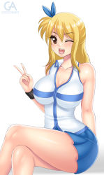 Rule 34 | 1girl, blonde hair, blue skirt, blush, breasts, fairy tail, grigorart, large breasts, long hair, lucy heartfilia, one eye closed, open mouth, shirt, simple background, skirt, sleeveless, solo, v, white shirt, wink