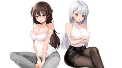 Rule 34 | 2girls, absurdres, arms under breasts, bare shoulders, black skirt, blush, breasts, brown hair, brown legwear, camisole, cleavage, collarbone, commentary, crossed arms, crossed legs, grey pants, hair between eyes, highres, large breasts, lillly, long hair, looking at viewer, multiple girls, original, pants, pantyhose, red eyes, shirt, silver hair, sitting, skirt, sleeveless, strap slip, very long hair, white background, white shirt