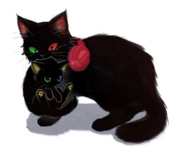 animal_focus animalization black_fur blue_eyes brothers cat full_body green_eyes headphones headphones_around_neck heterochromia hypnosis_mic kitten looking_at_another mole mole_under_eye multiple_moles red_eyes red_headphones scruffing siblings simple_background suke8364 white_background yamada_ichiro yamada_saburo