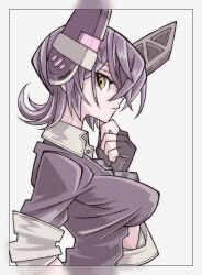 Rule 34 | 1girl, black gloves, breasts, checkered necktie, closed mouth, commentary, english commentary, fingerless gloves, from side, gloves, hair between eyes, headgear, highres, kantai collection, large breasts, looking at viewer, maikeru (dk maikel), necktie, profile, purple hair, shirt, short hair, simple background, solo, tenryuu (kancolle), upper body, yellow eyes