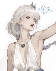 Rule 34 | 1girl, armpits, blue eyes, braid, breasts, character name, collarbone, d.k, dress, floating hair, grey hair, hair ornament, hair over one eye, heart, leaf hair ornament, long hair, looking to the side, low neckline, medium breasts, open mouth, ribs, simple background, solo, sophitia alexandra, soul calibur, upper body, very long hair, white background, white dress