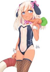 Rule 34 | 1girl, alakoala, blonde hair, blue eyes, bow, bowtie, carrot, fishnet thighhighs, fishnets, kantai collection, leotard, lifebuoy, meme attire, playboy bunny, ro-500 (kancolle), signature, simple background, solo, swim ring, tan, tanline, thighhighs, translucent bunnysuit, wrist cuffs