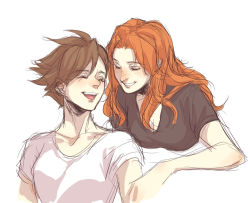 Rule 34 | 2girls, artist request, brown hair, couple, emily (overwatch), female focus, freckles, happy, long hair, multiple girls, orange hair, overwatch, overwatch 1, shirt, sketch, smile, spiked hair, tracer (overwatch), white background, white shirt, yuri