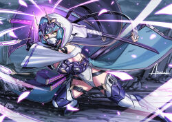Rule 34 | 1girl, amasaki yusuke, blue hair, blunt bangs, cape, coat, full body, glowing, glowing weapon, headgear, hime cut, holding, holding sword, holding weapon, horns, katana, looking at viewer, mecha musume, original, solo, sword, thighhighs, weapon, yellow eyes
