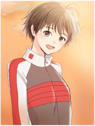 Rule 34 | 1girl, :d, androgynous, antenna hair, blush, breasts, brown eyes, brown hair, cloud, gradient background, grey jacket, high collar, idolmaster, idolmaster (classic), iso (nh15mint), jacket, kikuchi makoto, looking at viewer, multicolored clothes, multicolored jacket, open mouth, orange background, raglan sleeves, red jacket, short hair, small breasts, smile, solo, sunset, upper body, white jacket, zipper pull tab