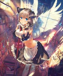Rule 34 | 1girl, angel wings, apron, bad id, bad pixiv id, bare shoulders, between breasts, black choker, black sailor collar, black skirt, blue bow, blue eyes, blush, book, book stack, bookshelf, bow, breasts, brown hair, brush, bucket, celetta (shingeki no bahamut), choker, cleavage, closed mouth, commentary request, crop top, day, detached sleeves, feathered wings, feathers, floating hair, flower, frilled apron, frilled shirt, frilled skirt, frills, gloves, hair bow, halo, hands up, headdress, holding, indoors, large breasts, leaning forward, library, light particles, light rays, long hair, long sleeves, looking at viewer, maeya susumu, maid, maid apron, midriff, mop, navel, original, own hands together, plant, pleated skirt, potted plant, sailor collar, shingeki no bahamut, shirt, sidelocks, signature, skirt, solo, stomach, sunbeam, sunlight, thighhighs, two side up, white apron, white gloves, white shirt, white thighhighs, window, wings