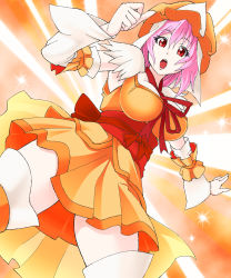 Rule 34 | 1girl, adapted costume, alternate, alternate costume, boots, breasts, choker, cleavage, cosplay, costume, cure sunny, cure sunny (cosplay), detached sleeves, dress, eyelashes, female focus, hat, highres, hissa yossa, large breasts, magical girl, obi, open mouth, orange dress, orange skirt, orange theme, pink hair, precure, red eyes, saigyouji yuyuko, sash, short hair, skirt, smile precure!, solo, standing, thigh boots, thighhighs, touhou, triangular headpiece, white thighhighs