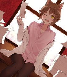 Rule 34 | 1boy, animal ears, black pantyhose, brown hair, cat boy, cat ears, chisumi, collared shirt, dress shirt, dutch angle, hair flaps, highres, holding, holding paper, indoors, jacket, looking at viewer, male focus, open clothes, open jacket, open mouth, original, pantyhose, paper, paper stack, pink shirt, shirt, sidelocks, sitting, smile, solo, teeth, trap, window, yellow eyes