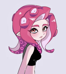 Rule 34 | 1girl, black shirt, breasts, crop top, from side, grey background, highres, long hair, looking at viewer, lya (ctrc5838), medium breasts, nintendo, octoling, octoling girl, octoling player character, pointy ears, red eyes, red hair, shirt, simple background, sleeveless, sleeveless shirt, solo, splatoon (series), suction cups, tentacle hair, upper body