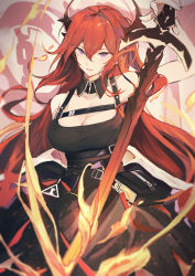 Rule 34 | 1girl, absurdres, arknights, arm up, bare shoulders, black dress, breasts, cleavage, commentary request, cowboy shot, dress, fanshu, hair between eyes, highres, holding, holding sword, holding weapon, horns, huge filesize, large breasts, long hair, looking at viewer, parted lips, pouch, purple eyes, red hair, solo, surtr (arknights), sword, very long hair, weapon