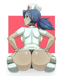 Rule 34 | 1girl, ass, backboob, blue hair, border, breasts, choker, donchibi, from behind, gloves, half-closed eyes, hat, highres, kneeling, latex, latex gloves, looking at viewer, looking back, mask, mask around neck, mouth mask, nurse cap, partially visible vulva, ponytail, red background, red eyes, skullgirls, solo, surgical mask, thong, valentine (skullgirls), white border