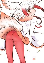Rule 34 | 1girl, ass, bird wings, blunt bangs, empty eyes, feather-trimmed sleeves, fur collar, head wings, highres, japanese crested ibis (kemono friends), kemono friends, looking at viewer, looking back, medium hair, pantyhose, pleated skirt, red hair, red pantyhose, skirt, solo, white hair, wide sleeves, wings, yokuko zaza