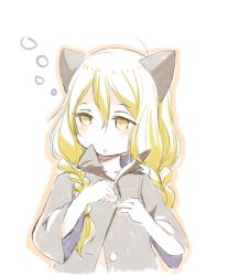 Rule 34 | 1girl, animal ears, blonde hair, blush, braid, buttons, cat ears, commentary, long hair, looking to the side, lowres, mota, open mouth, original, simple background, solo, symbol-only commentary, twin braids, white background, yellow eyes