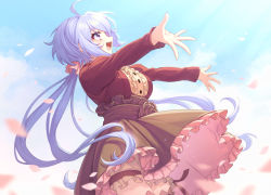 Rule 34 | 1girl, ahoge, blue hair, blue sky, blurry, breasts, cherry blossoms, cloud, depth of field, frilled skirt, frills, from side, green skirt, highres, large breasts, long hair, outstretched arms, petals, purple eyes, red shirt, red tongue, senki zesshou symphogear, senki zesshou symphogear, shirt, skirt, sky, smile, solo, teeth, thighhighs, thighs, twintails, upper teeth only, wada chiyon, yukine chris